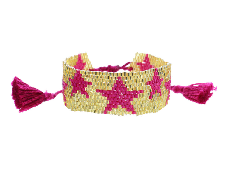 Gold with Hot Pink Stars Woven Beaded Band Bracelet