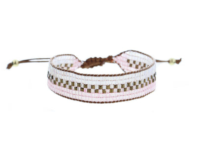 Iridescent Clear and Pink with Bronze Woven Beaded Band Bracelet