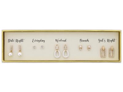 Boxed 6 Earring Set, Mini Crystal Bar with Pearl Dangle