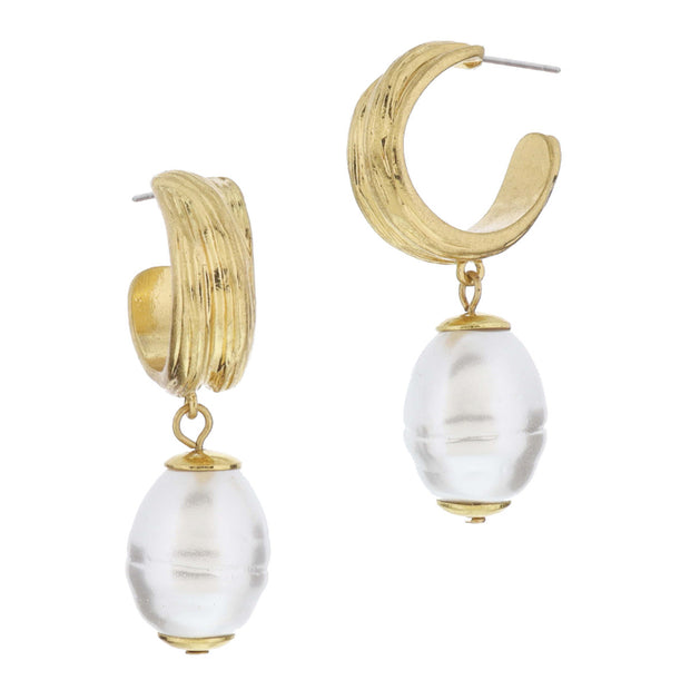 Gold Textured Wide Hoop with Chunky Pearl Earrings