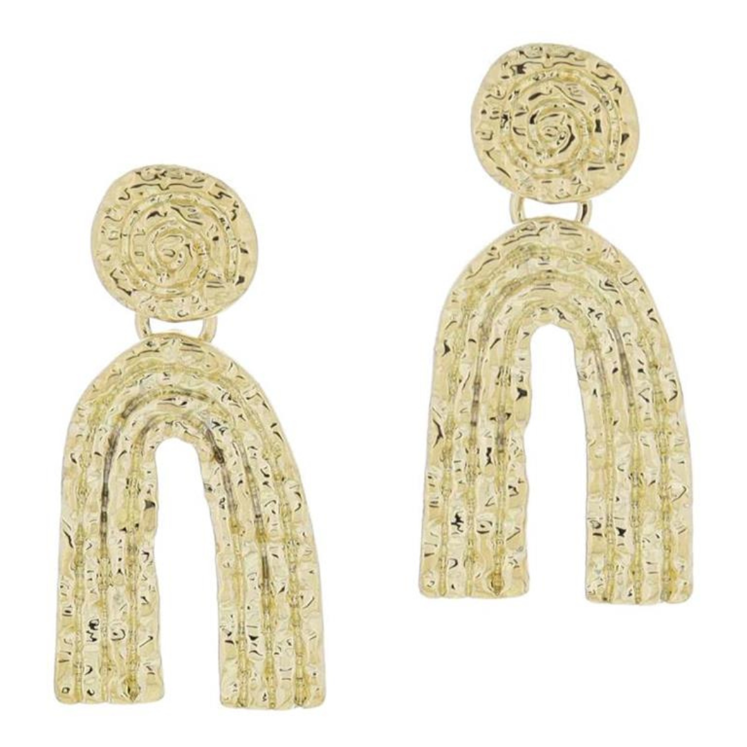 Gold Textured Disc Post and Arch Earrings