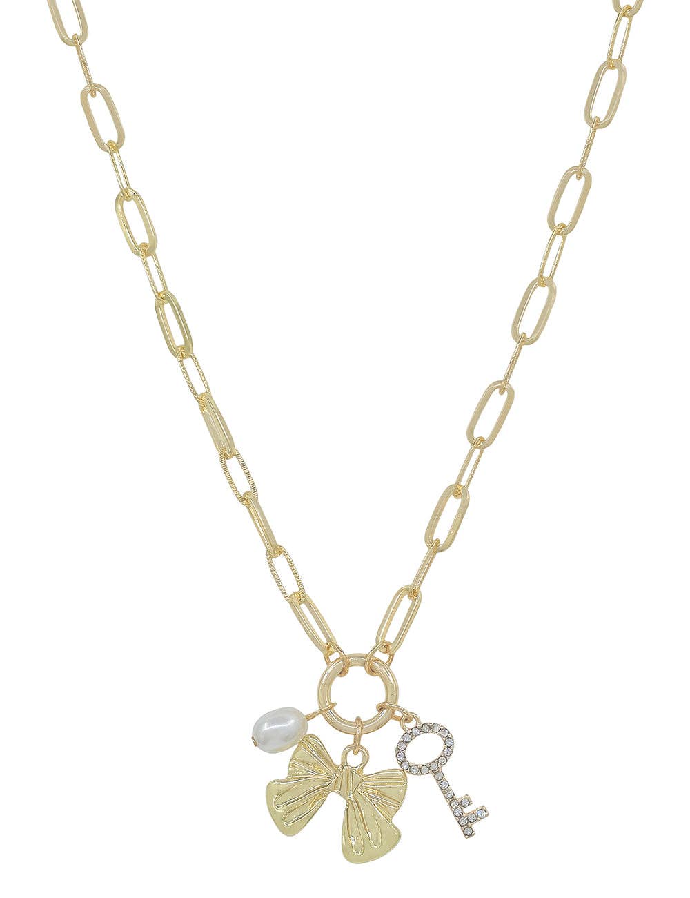 Gold Open Chain with Bow, Key, and Pearl Charms 16"-18" Necklace