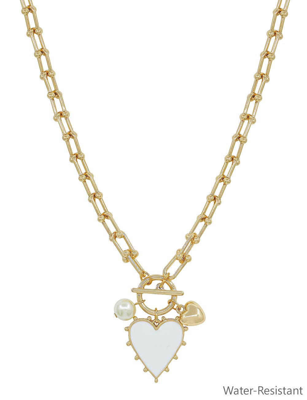 Gold Chain Necklace with White Studded Heart Charm 16"-18" Necklace
