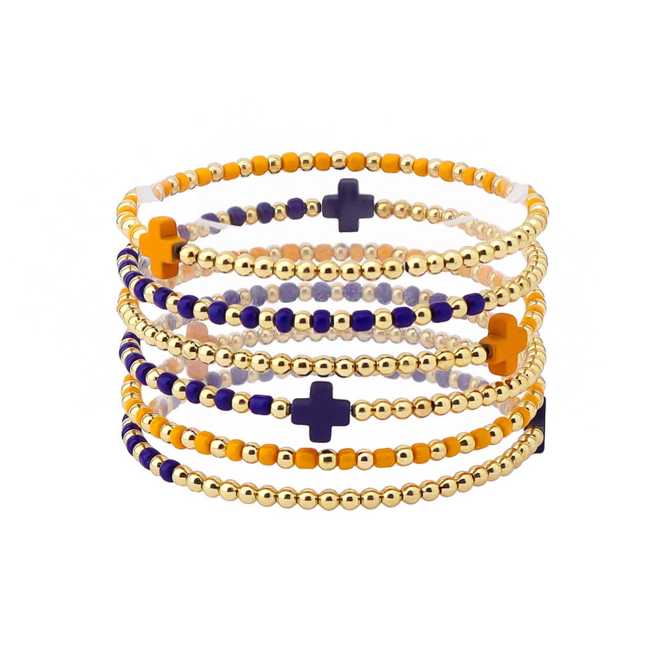 Gameday Set of 3 Orange and Navy Beaded Stretch Bracelets