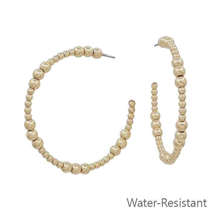 Water Resistant Gold 2" 4MM and 2MM Beaded Hoop Earring