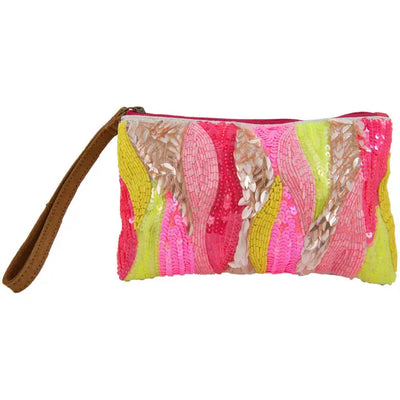 Pink/Yellow/Champagne Beaded Wristlet Purse w/ Leather Strap