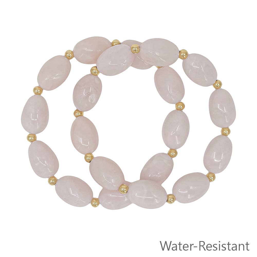 Set of 2 Light Pink Oval Acrylic and Gold Beaded Stretch Bracelets