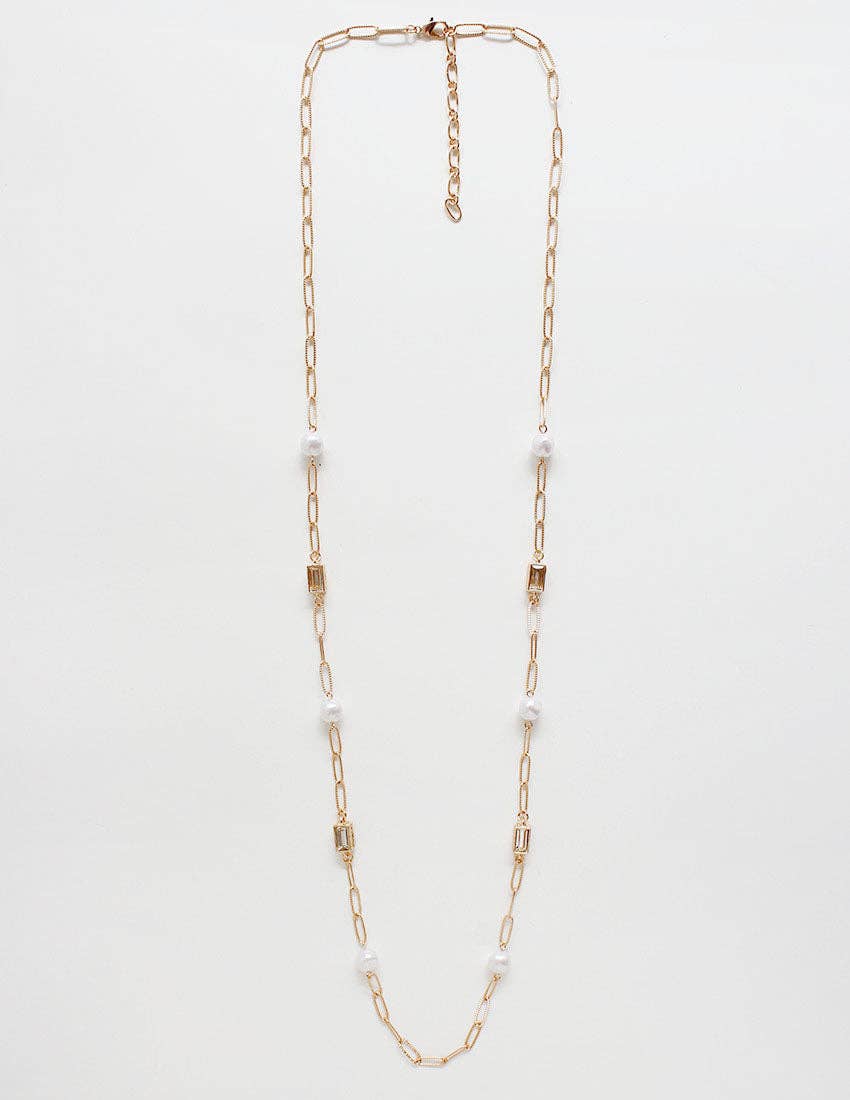 Gold Textured Chain with Clear Crystal and Pearl 32" Necklace