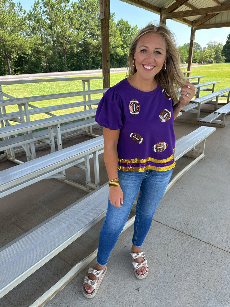 Purple Sequined Football Puff Sleeve Top