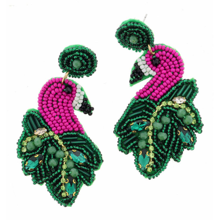 GREEN SEED BEAD CIRCLE POST WITH PINK FLAMINGO AND PALM EARRING